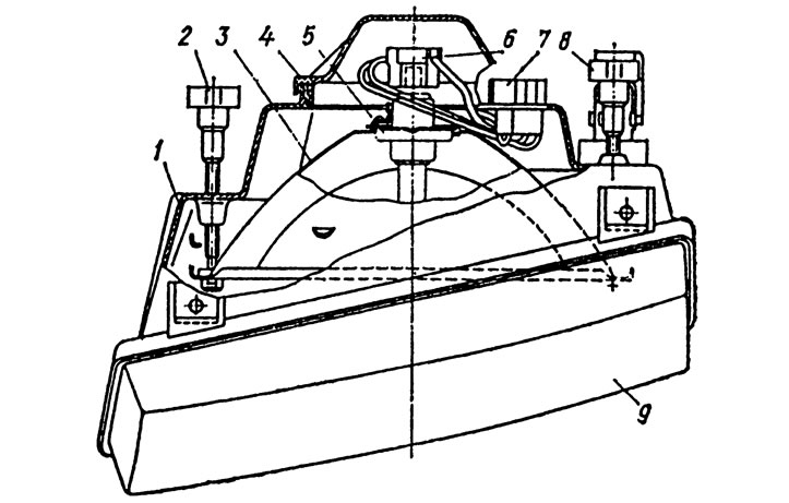 Рис. 4. Прямоугольная фара автомобиля АЗЛК-2141: 1 - корпус; 2, 8 - винт регулировки светового…