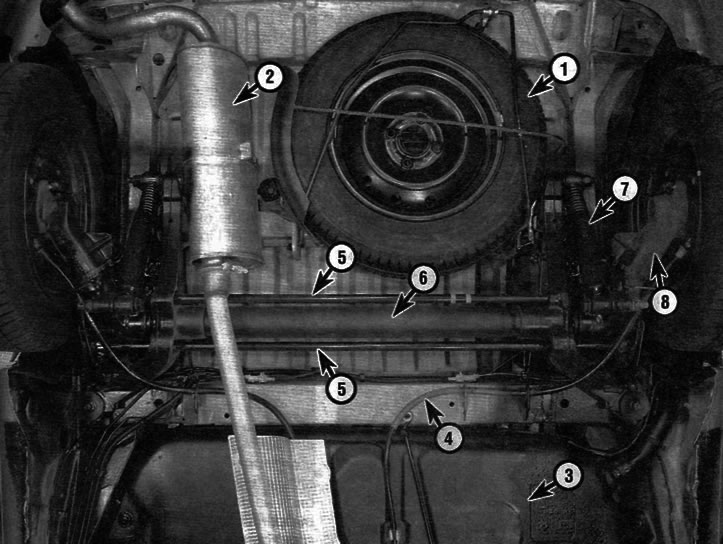 1. Rezervna guma; 2. Stražnji prigušivač; 3. Spremnik goriva; 4. Sajla ručne kočnice; 5. Torzijska…