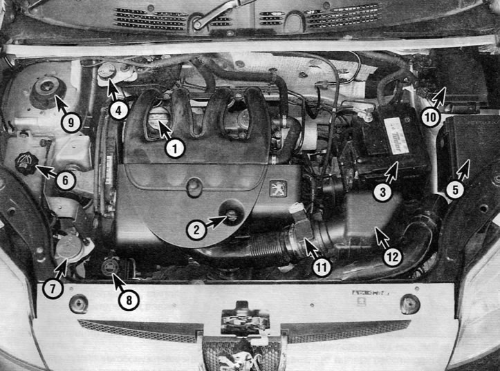 1. Capac de umplere cu ulei de motor; 2. Joja de ulei de motor; 3. Baterie; 4. Rezervor de lichid…