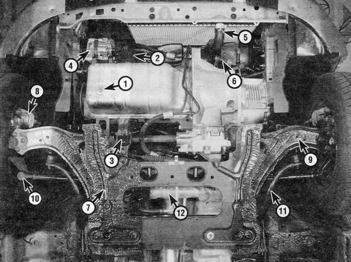 1. Bușon de golire a baiei de ulei; 2. Filtru de ulei; 3. Suport motor/cutie de viteze spate; 4.…