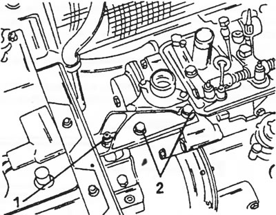 Slika 94. Nosač motora s prednje strane motora. 1. Matica, 55 nm; 2. Vijci, 50 nm
