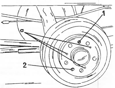 Figure 159. To remove the brake drum, unscrew the guide pin (1) and bolt (2) and screw three bolts…