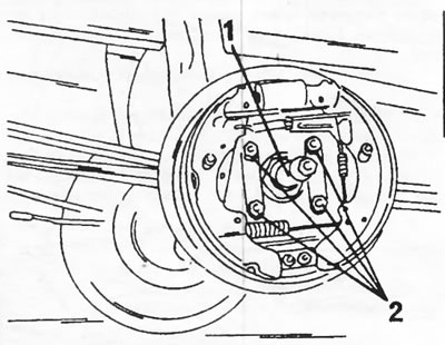 Figure 161. Rear axle with brake drum removed. The axle butt (1) is secured with bolts (2).