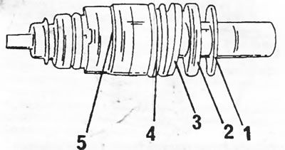 Rysunek 186. Zmontowany tłok roboczy. 1. Pralka; 2. Pierścień uszczelniający; 3. Podkładka…