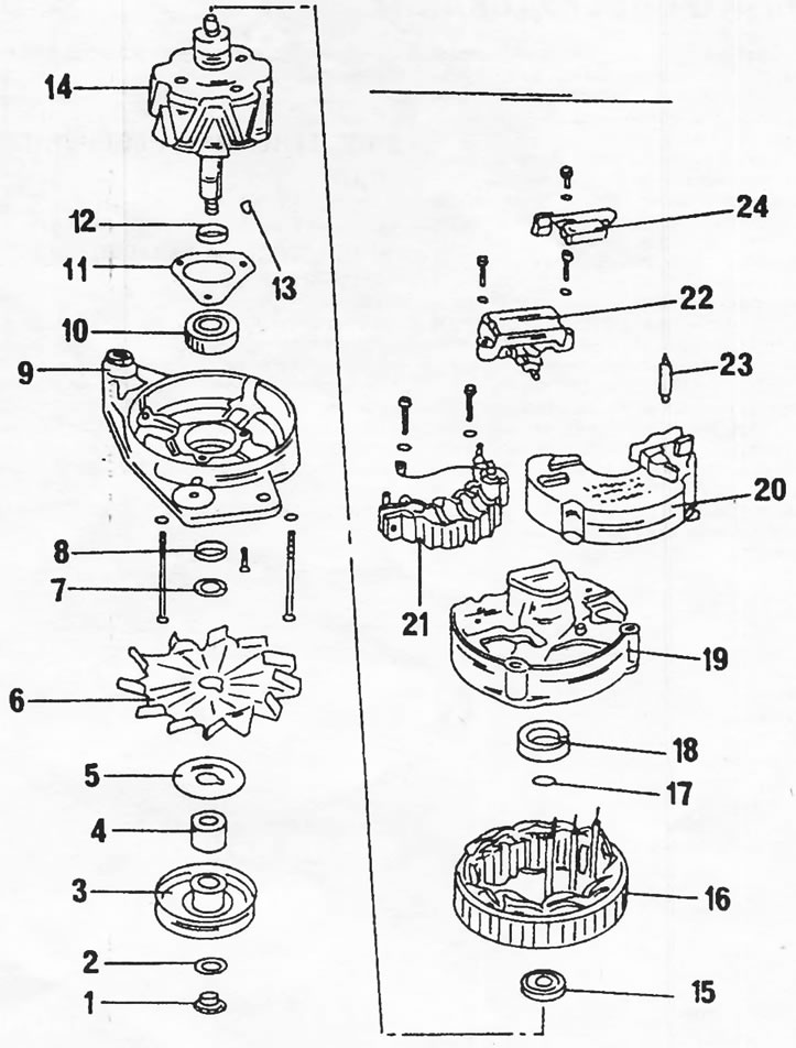Малюнок 194. Монтажне креслення генератора змінного струму Valeo. 1. Гайка, 40 нм; 2. Шайба; 3.…
