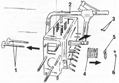 Rysunek 333. Demontaż głowicy cylindra. 1. Zawory; 2. Ściągacz zaworów; 3. Pierścienie odbijające…