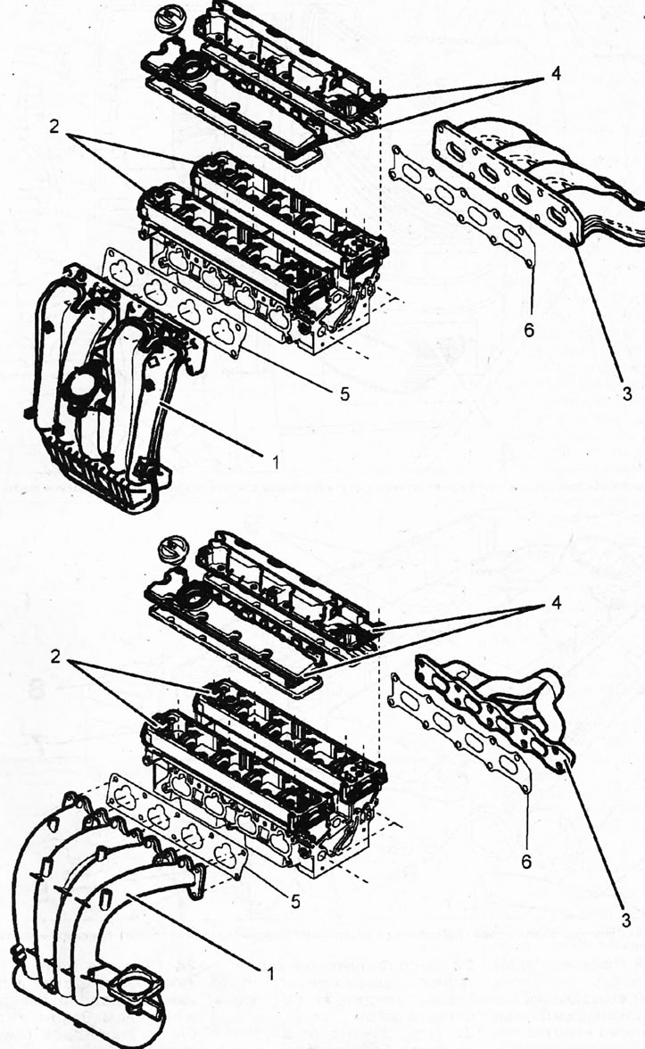 4.25. Odvojite usisni razvodnik 1 od glave cilindra A - motor EW10J4; B - motor EW12J4; 2 - kućišta…