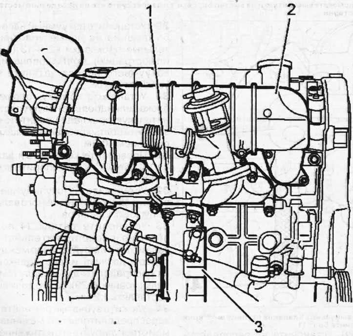 7.4. Uklonite ispušni kolektor 1 zajedno s turbopunjačom 3 i brtvama