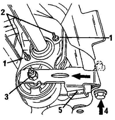 Рис. 11. К снятию реактивной опоры. 1. Контргайки; 2. Болты; 3. Гайка и болт; 4. Болт крепления