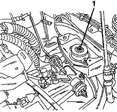 Рис. 14. Гайкой (1) левая подвеска двигателя крепится на опоре. Гайка имеет момент затяжки 65 нм.