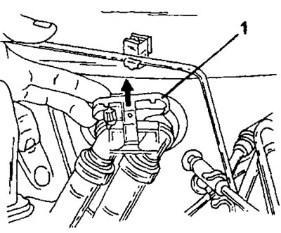 Рис. 16. Потянуть фиксирующую планку (1) в направлении стрелки вверх, чтобы отсоединить шланги…
