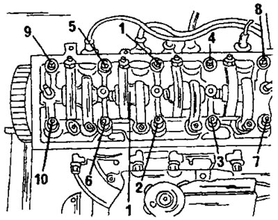 Рис. 26. Последовательность затяжки болтов головки цилиндров. Отворачивать болты в обратном порядке.