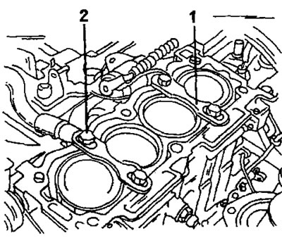 Рис. 28. Рабочие гильзы цилиндров можно закрепить в блоке цилиндров (2) двумя стяжными планками (1).