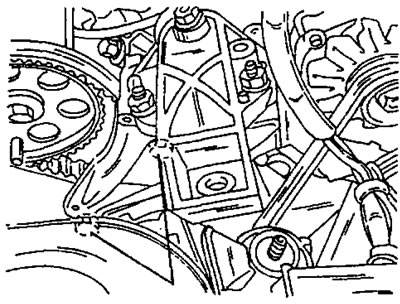 Рис. 31. Отвернуть только два указанных болта опоры двигателя.