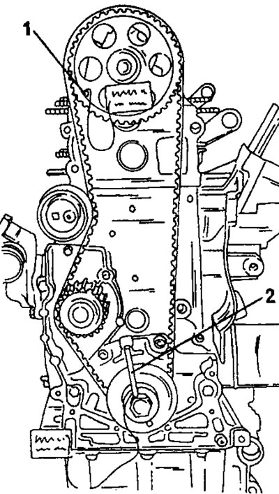 Рис. 32. Вид спереди 8-клапанного двигателя. 1. Сюда вставляется штифт для блокировки…