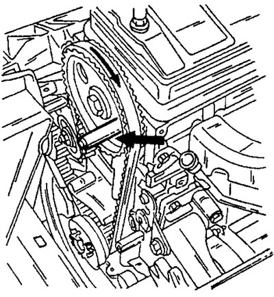 Фигура 65. Поставете заключващия щифт от посочената страна в зъбното колело на разпределителния вал.