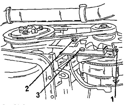 Фигура 71. Регулиране на опъването на задвижващия ремък на алтернатора. 1. Болт за опъване; 2.…