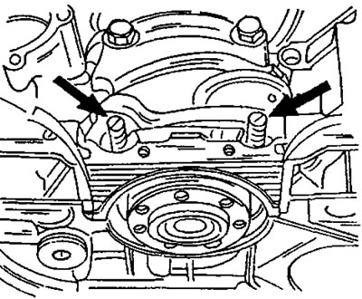Фигура 75. Монтиране на капака на задния основен лагер. Стрелките показват два завинтени шпилки.…