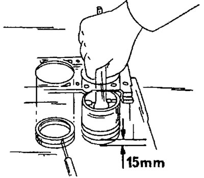 Рис. 123. Измерение стыкового зазора поршневых колец в нижней части рабочей гильзы цилиндра.