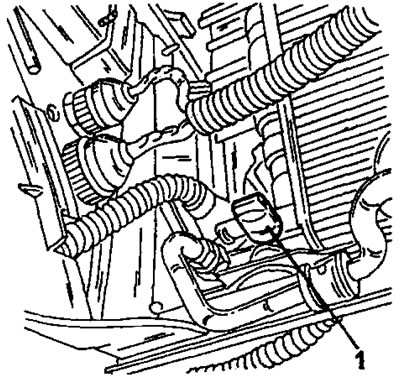 Фигура 155. Изпускателната пробка на радиатора (1) се намира на посоченото място (тук на двигателя…
