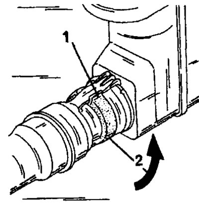 Фигура 158. За да разкачите водните маркучи от радиатора, първо завъртете заключващия пръстен (2)…