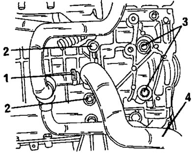 Рис. 161. Установка водяного насоса на двигателе типа TU. 1. Штуцер водяного шланга; 2. Болт, 30…