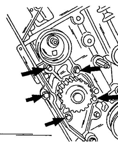 Рис. 162. Стрелками указаны болты крепления водяного насоса на двигателе типа XU.