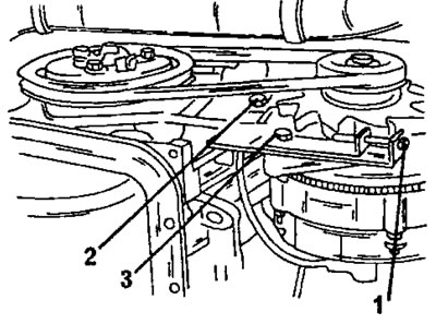 Фигура 164. Регулиране на опъването на ремъка на алтернатора (двигател тип TU).