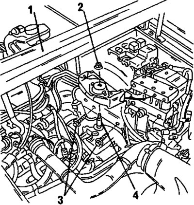 Фигура 191. Демонтиране и монтаж на окачването на скоростната кутия. 1. Подемна греда; 2. Гайка, 65…