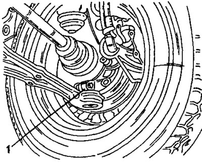 Рис. 193. Подсоединение нижнего поперечного рычага. Вставить шаровой палец в шлиц (1).