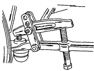 Рис. 205. Отжатие шарнира рулевого наконечника с помощью специального съемника.
