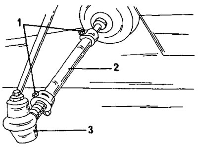 Фигура 210. Регулиране на сближаването 1. Ядка; 2. Кормилен прът; 3. Връх на волана