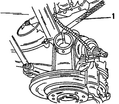 Рис. 215. После раздвижения стяжного шлица с помощью ключа (1) отжать поворотный кулак вниз.