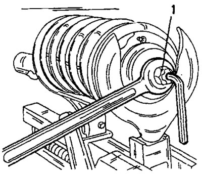 Рис. 217. Отворачивание гайки штока поршня при одновременном удерживании штока ключом для болтов с…