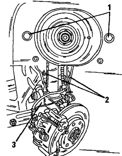 Рис. 219. Важнейшие моменты затяжки при установке амортизационной стойки. 1. Болты, 20 нм; 2. Гайки…