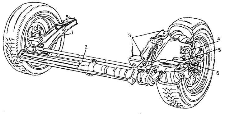 Рис. 230. Общий вид подвески задних колес в сборе. 1.Балка заднего моста; 2. Труба заднего моста;…