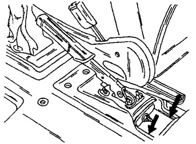 Рис. 235. Снятие тросов ручного тормоза. Отвернуть оба троса от рычага уравнителя тросов.