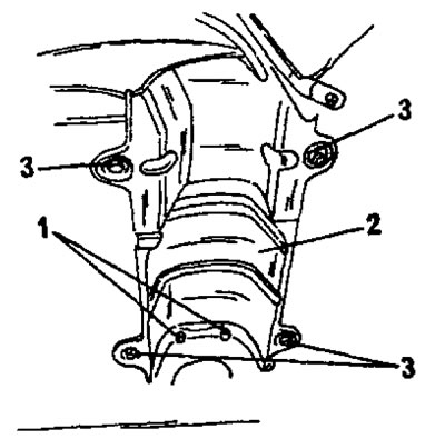 Рис. 236. Задний участок системы выпуска отработавших газов. Отвернуть указанные детали. 1. Гайки;…