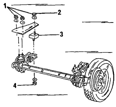 Рис. 237. Крепление подвески заднего колеса. 1. Гайки, 55 нм; 2. Гайки, 45 нм; 3. Резиновая опора;…