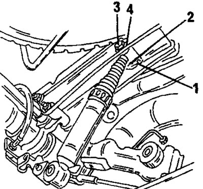 Рис. 246. Верхнее крепление амортизатора. 1. Гайка; 2. Шайба; 3. Болт; 4. Шайба