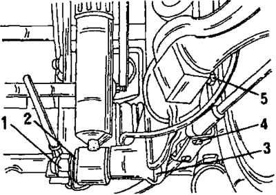 Фигура 250. Демонтиране на задния амортисьор. 1. Ядка; 2. Дистанционна шайба; 3. Болт на…