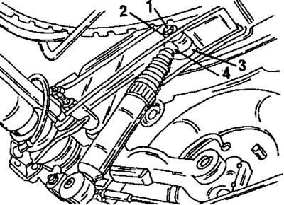 Фигура 251. Горен монтаж на задния амортисьор. 1. Закрепваща гайка; 2. Дистанционна шайба; 3. Горен…