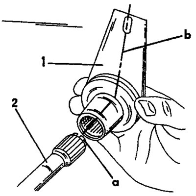 Фигура 255. Монтиране на лявото рамо (1) на стабилизиращата щанга (2). Маркировките «a» и «b»…