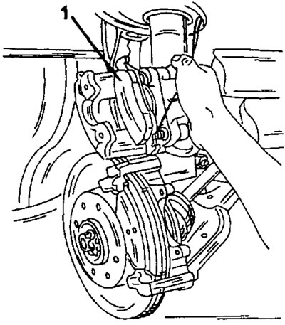Рис. 260. После откидывания цилиндра тормозного суппорта могут сниматься тормозные колодки (1)…