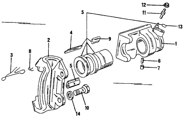 Рис. 262. Монтажный чертеж тормозного суппорта Bendix. 1. Несущий суппорт с цилиндром; 2. Корпус…