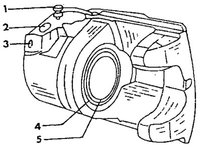 Рис. 263. Собранный тормозной суппорт Bendix. 1. Клапан удаления воздуха; 2. Место подключения…