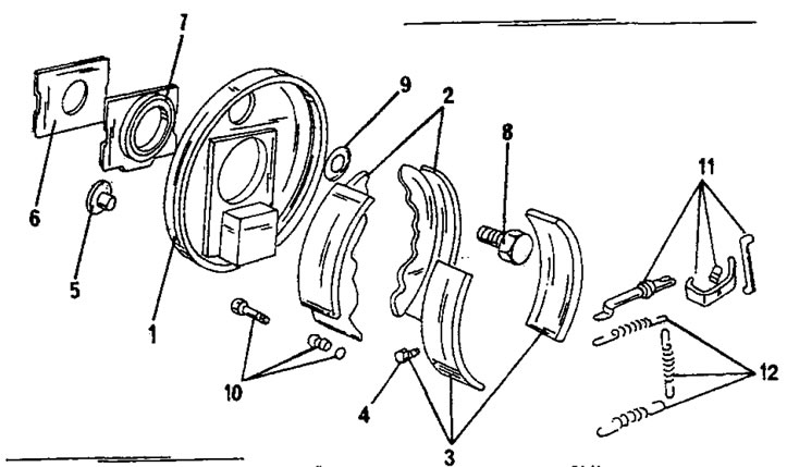 Рис. 273. Монтажный чертеж тормоза заднего колеса Girling. 1. Тормозной щит; 2. Тормозные колодки;…