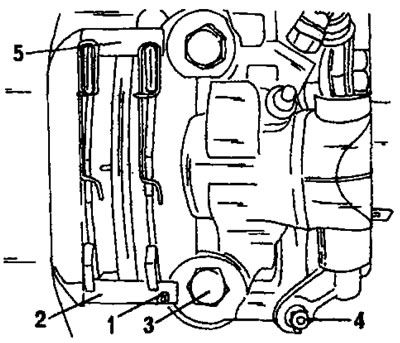 Рис. 285. Снятие и установка тормозных колодок тормоза заднего колеса. 1. Крепежная планка; 2.…