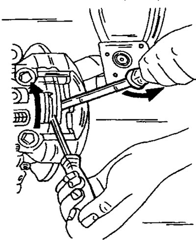 Рис. 287. Использование двух отверток для утапливания поршня тормозного суппорта. Одной отверткой…