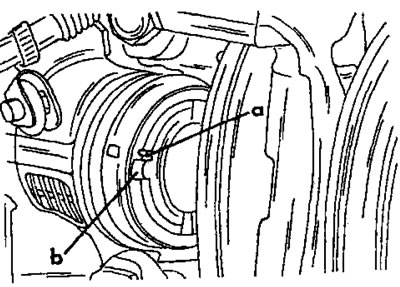 Рис. 288. Установочное положение поршня тормоза а - Метка; b - Выемка шириной 7 мм